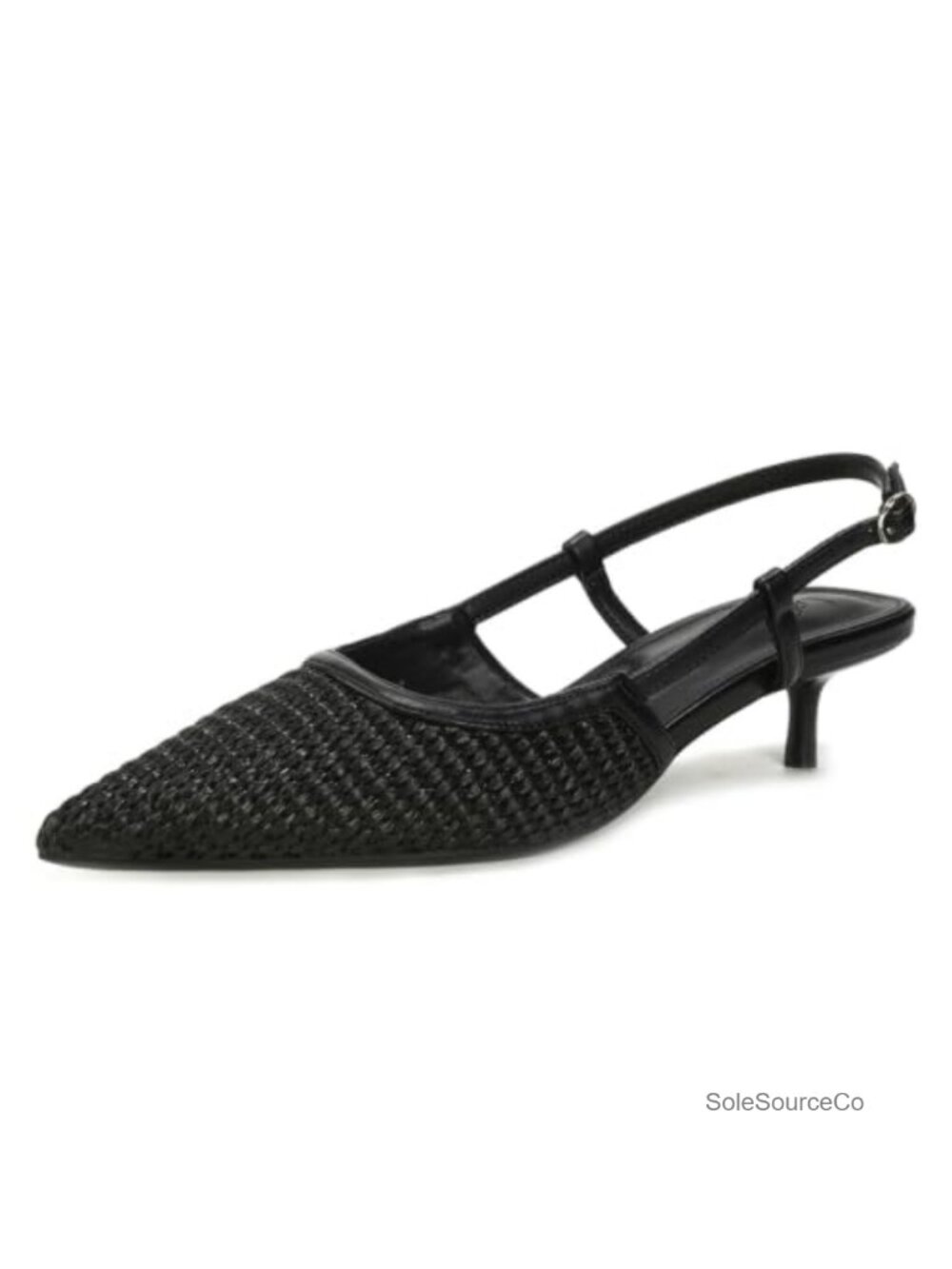 Woven Pointed Toe Kitten Heel Pumps Slingback Adjustable Buckle Strap